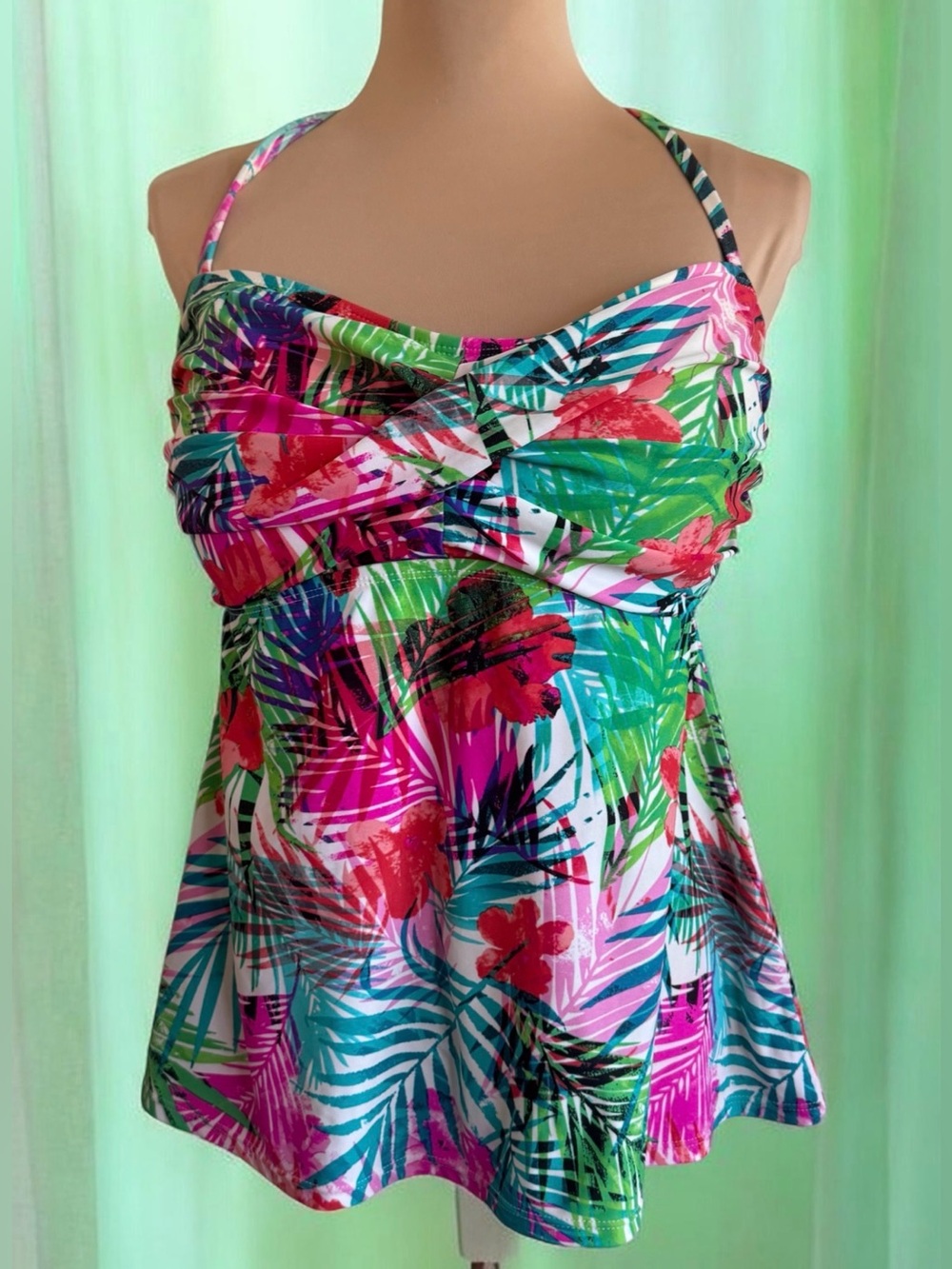 Catalina Tropical Floral Halter One-Piece in Pink, Green, Blue Size 2X - 18w-20w